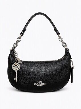 Coach Black Leather Shoulder Bag Chain Strap Rhinestone Key Charm Luxe Essential
